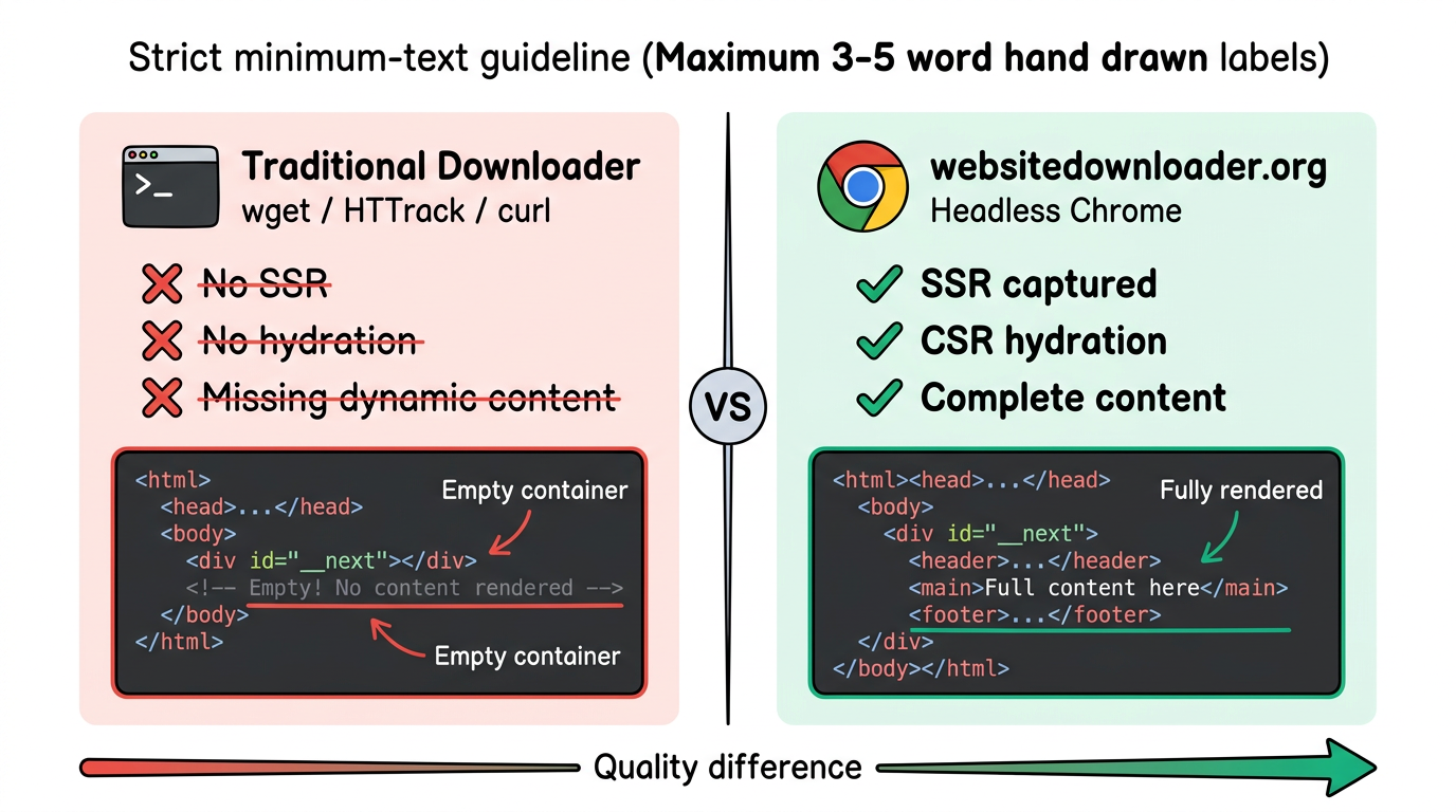 Traditional downloader vs headless Chrome comparison for Next.js sites
