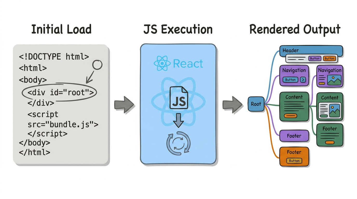 React rendering architecture showing transformation from empty HTML shell to fully rendered application
