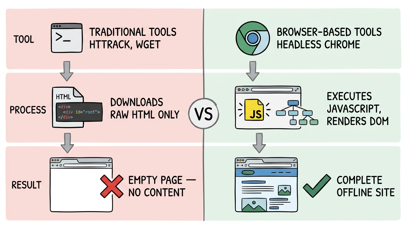 Comparison of traditional tools vs browser-based tools for downloading React websites