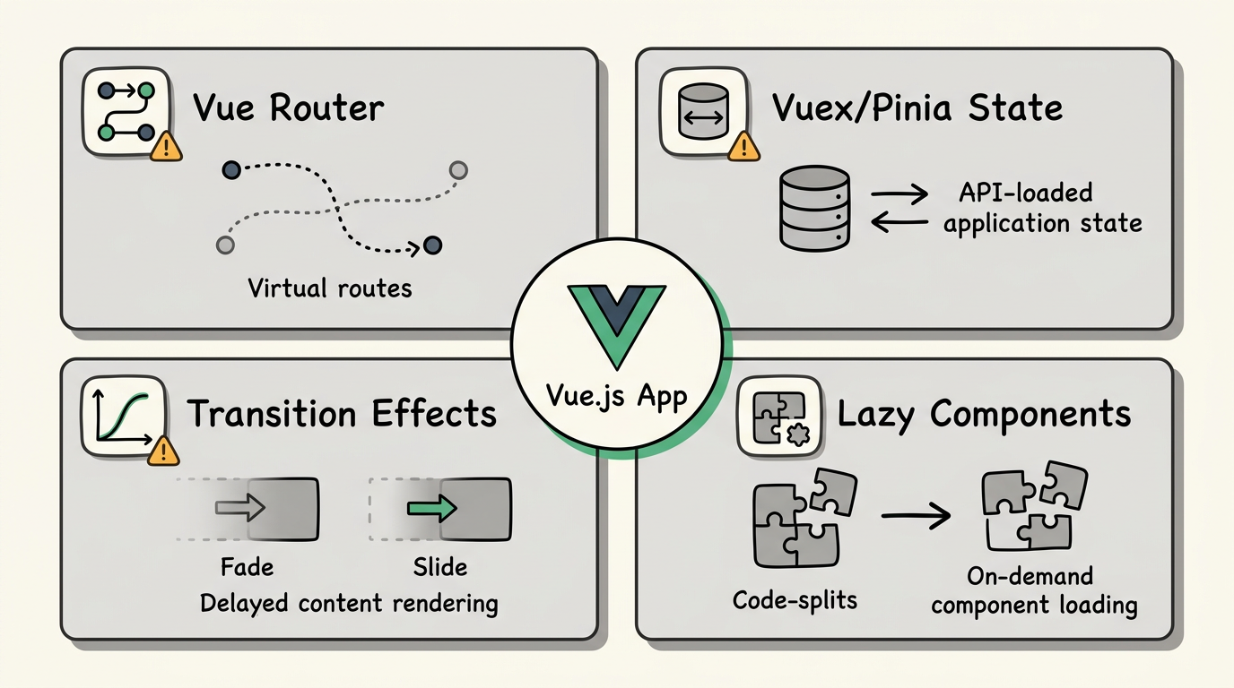 Vue-specific challenges: Router, State, Transitions, Lazy Loading