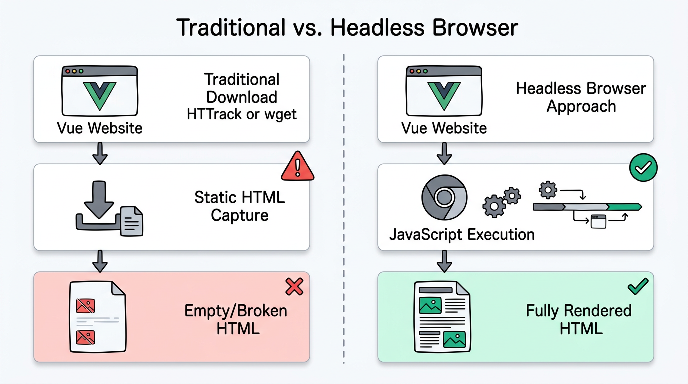 Comparison: Traditional download vs. headless browser approach