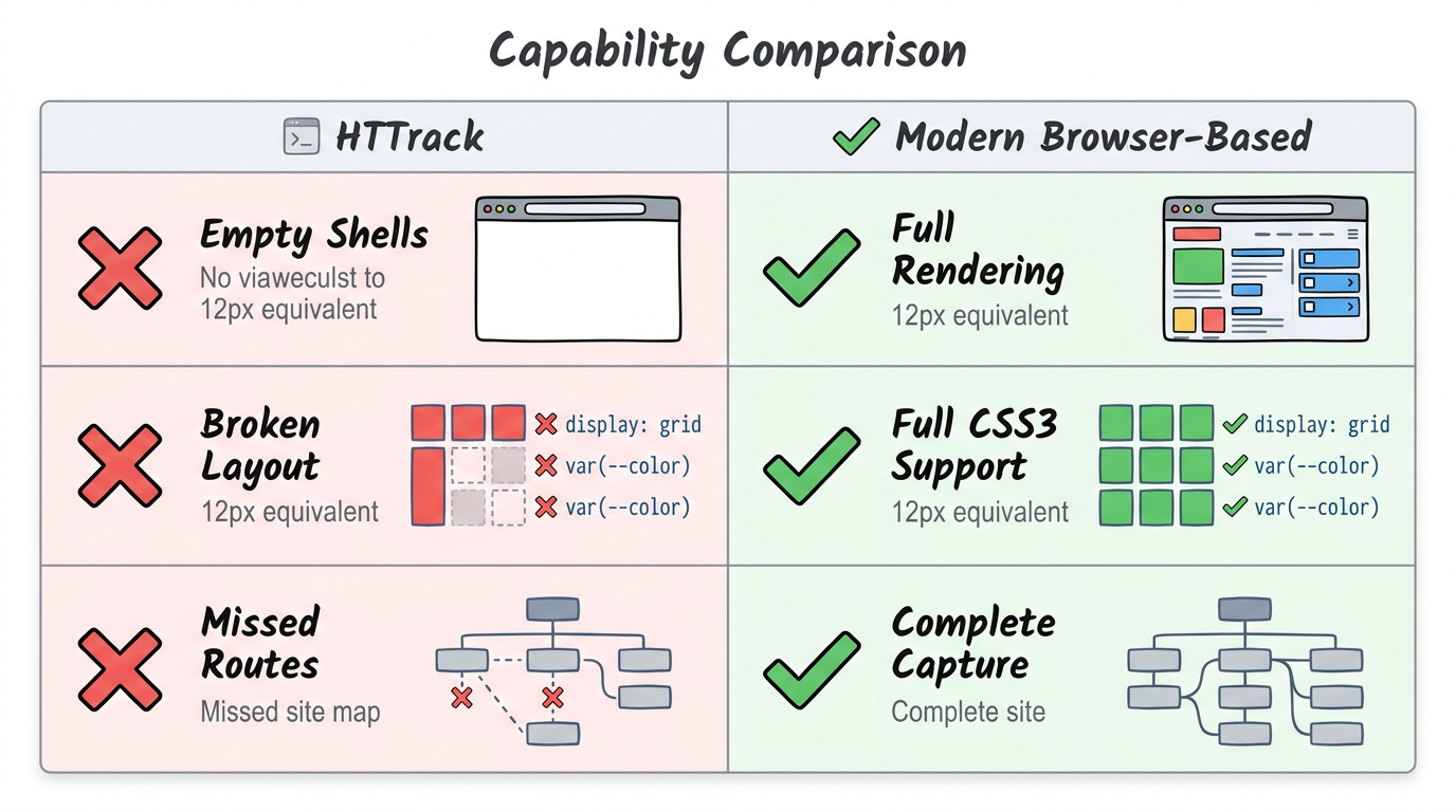 HTTrack vs modern browser-based downloader capability comparison
