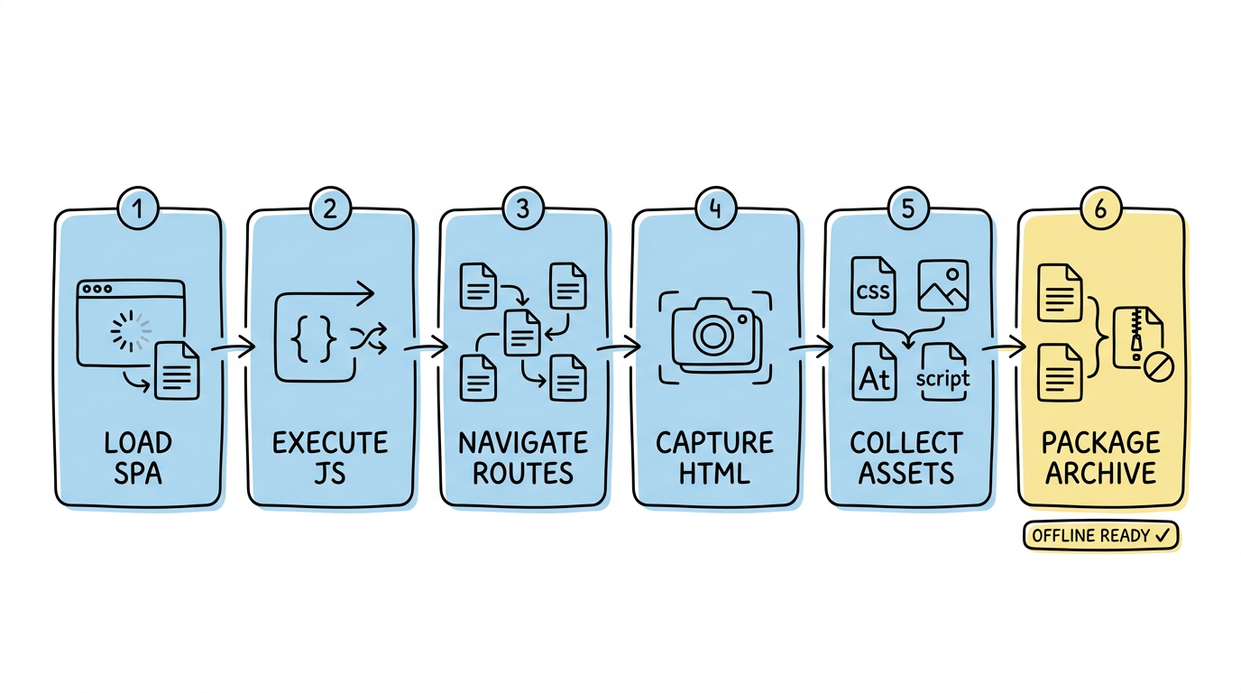 Flowchart showing the 6-step browser-based SPA capture workflow from loading to packaging